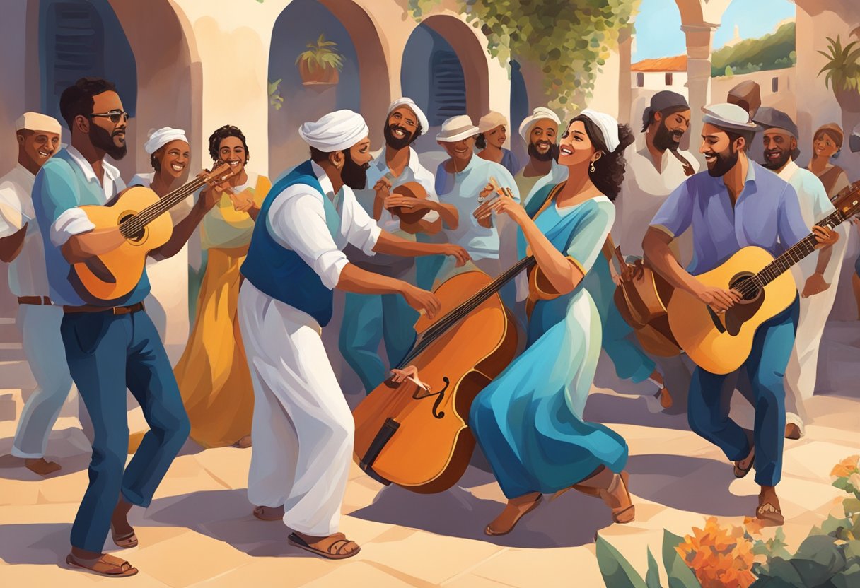 A group of people gather around a musician playing traditional Mediterranean music, while others engage in lively dance, creating a vibrant and uplifting atmosphere