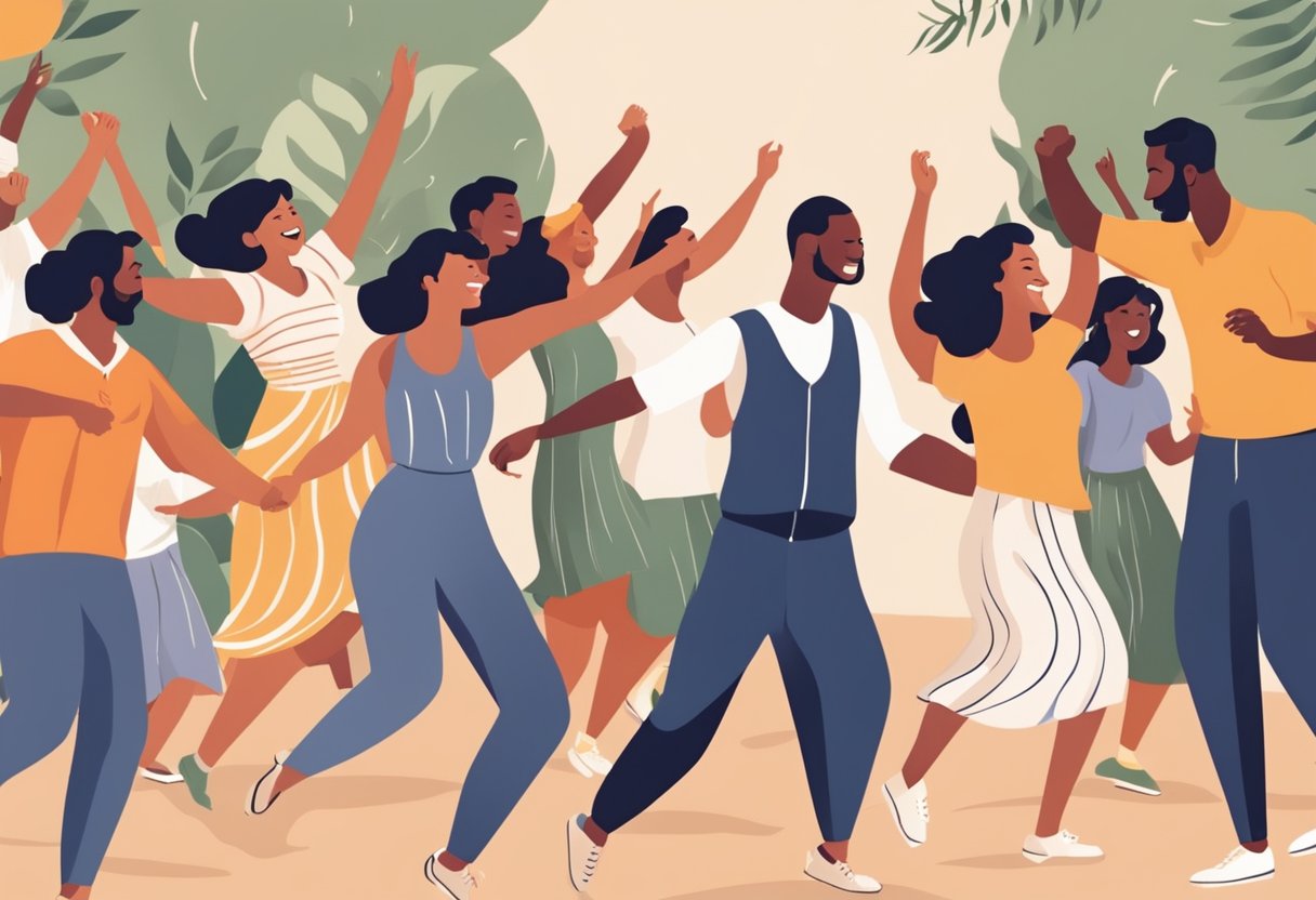 A group of people joyfully dancing to lively Mediterranean music, their movements exuding happiness and connection, illustrating the mental health benefits of social dance