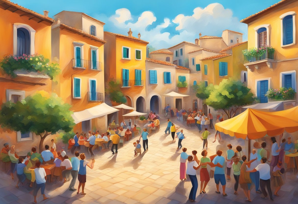 Vibrant colors swirl around a traditional Mediterranean village square as music and dance bring joy and community connection