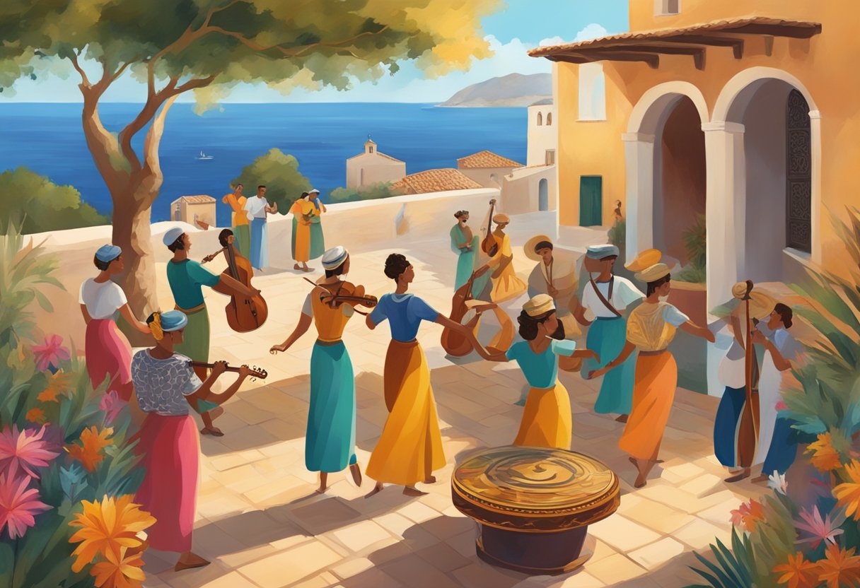 A group of people in a Mediterranean setting engage in traditional music and dance, surrounded by vibrant colors and natural elements