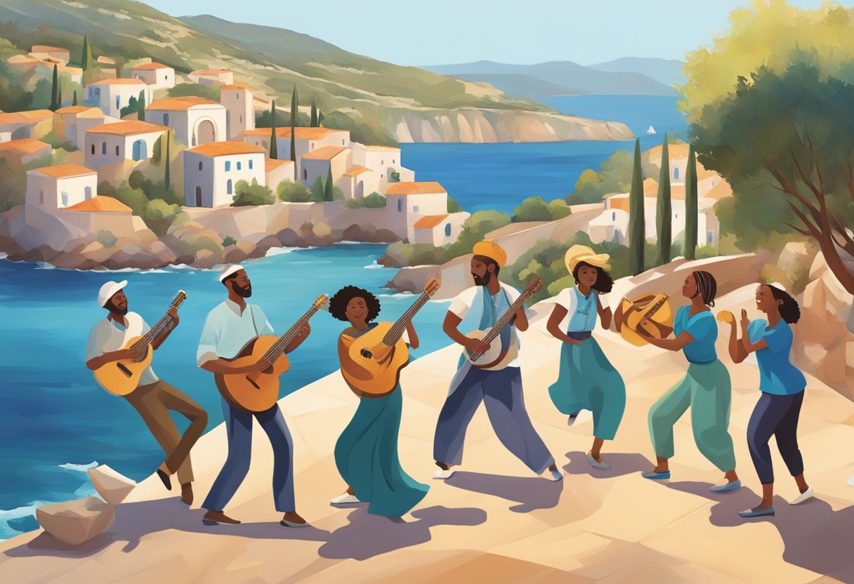 A group of diverse individuals engage in rhythmic movement to music, expressing joy and release. The Mediterranean landscape provides a serene backdrop