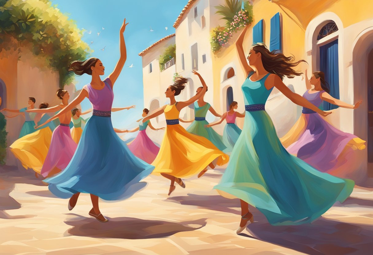 Vibrant dancers move to rhythmic music in a sunny Mediterranean setting, exuding joy and vitality