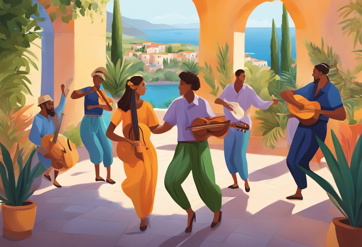 A group of people in a Mediterranean setting engaged in music and dance therapy, surrounded by vibrant colors and natural elements