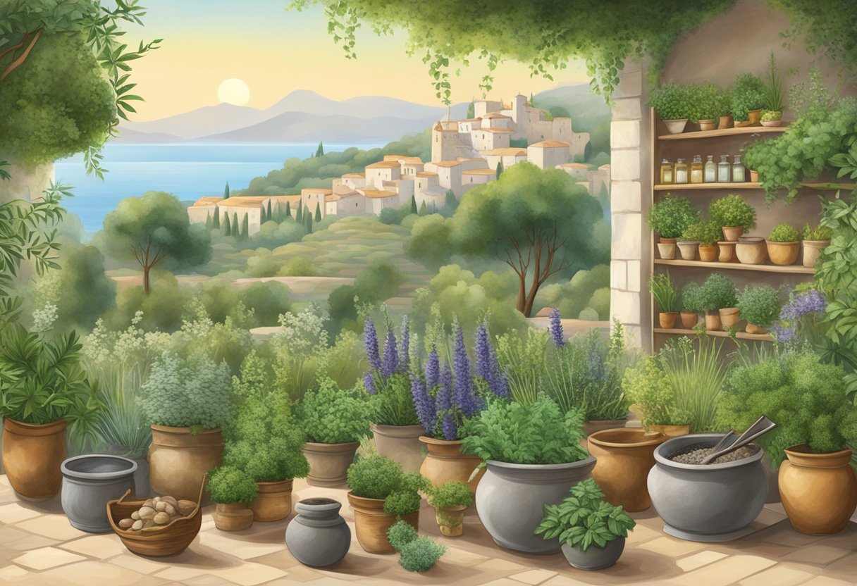 A lush Mediterranean landscape with diverse herbs and plants, a traditional apothecary set-up with mortar and pestle, and a serene, holistic atmosphere