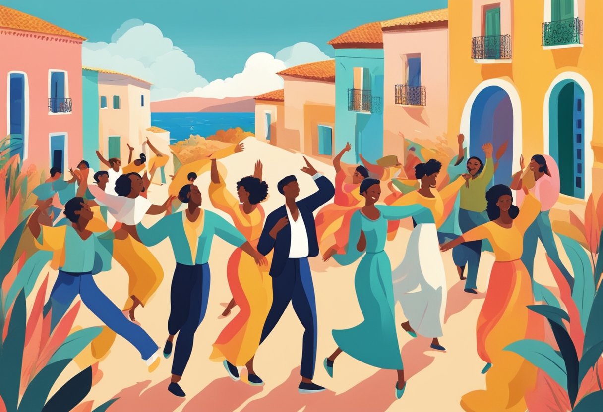 A group of people dancing to lively Mediterranean music, surrounded by vibrant colors and natural scenery, exuding a sense of joy and harmony