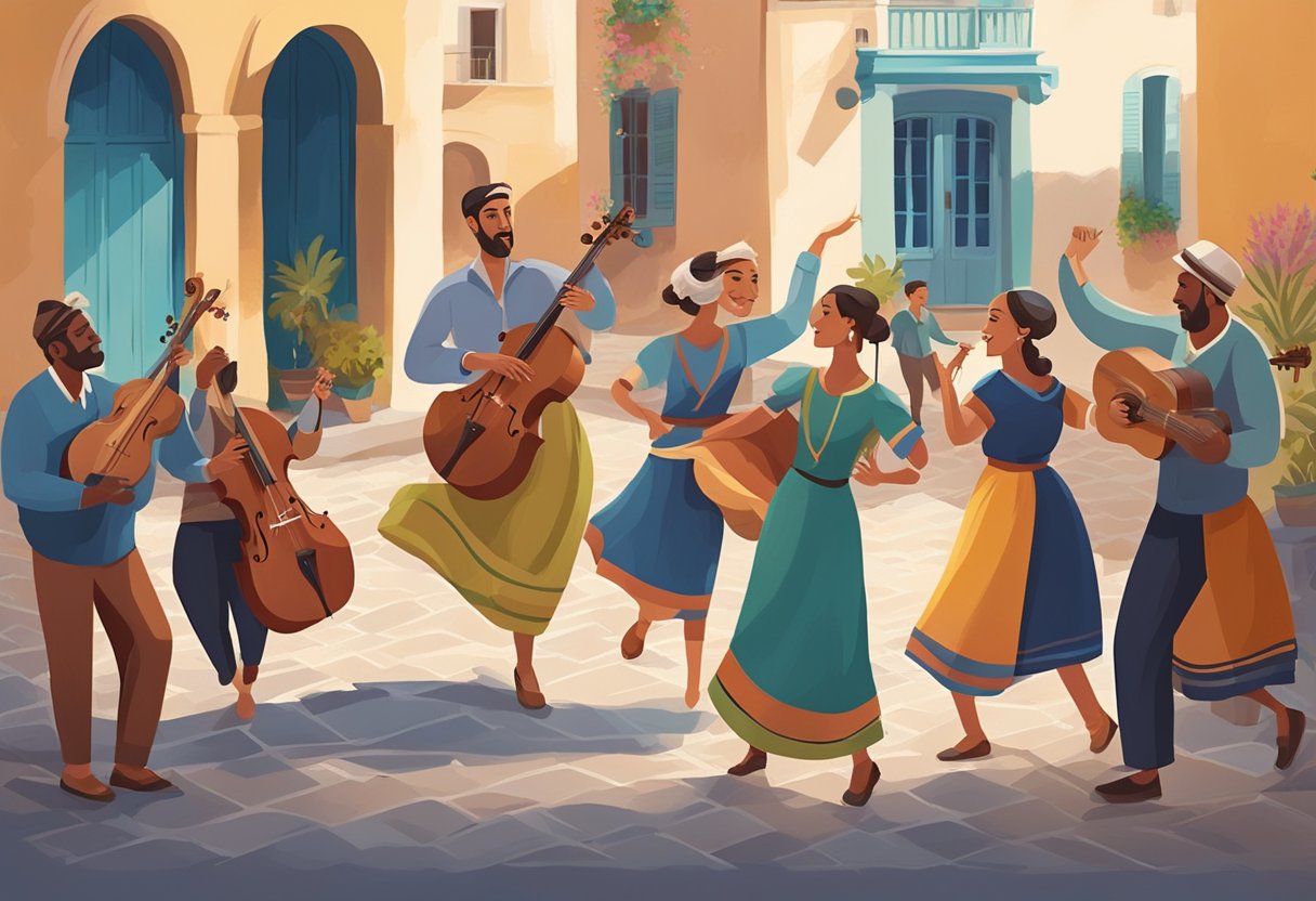 A group of people gather in a vibrant Mediterranean village square, moving to the rhythm of traditional music. The atmosphere is filled with joy and connection, as the power of music and dance uplifts their mental well-being