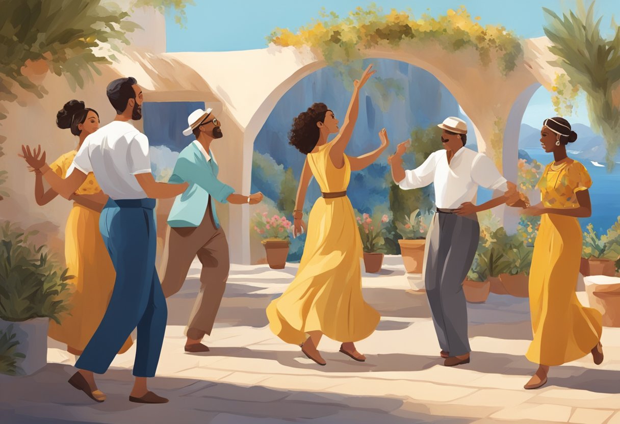 A group of people in a Mediterranean setting engage in music and dance, evoking a sense of community and emotional well-being