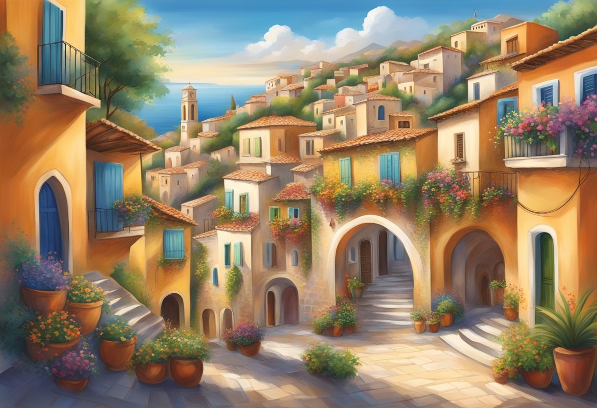 Vibrant colors and swirling patterns surround a traditional Mediterranean village, as music and dance fill the air, bringing joy and healing to the community