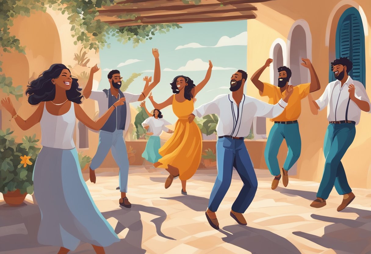 A group of people in a Mediterranean setting, dancing to music, expressing joy and freedom. The scene exudes positivity and mental well-being