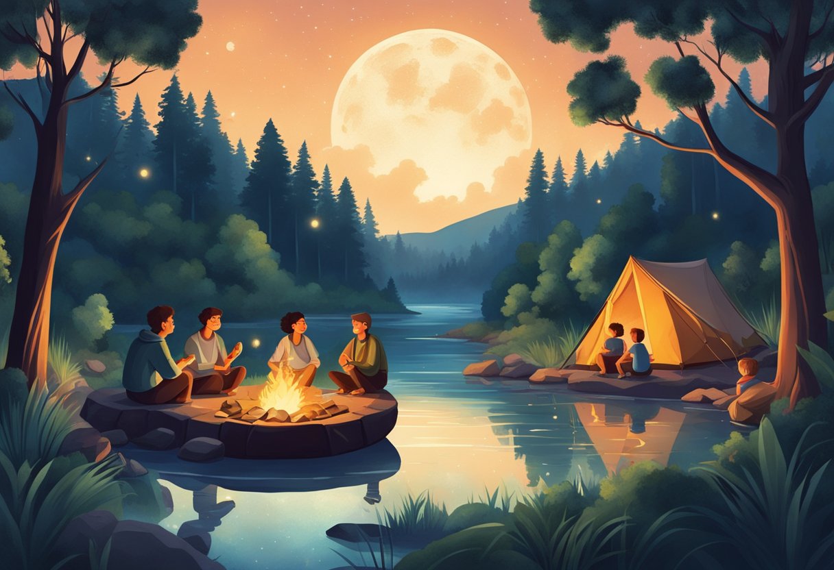 A diverse group gathers around a campfire, sharing stories and laughter under a starry sky. Surrounding them are lush trees, a flowing river, and the sounds of nature