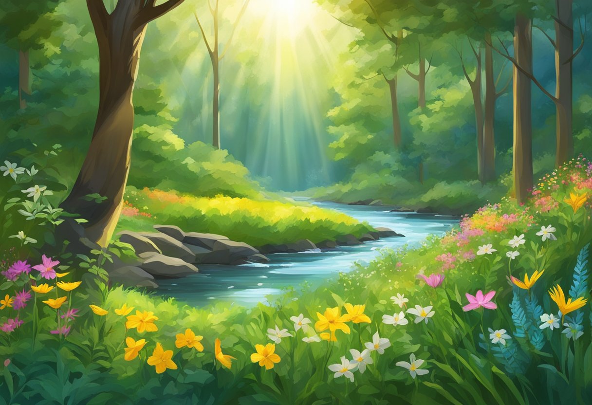 Lush green forest with sunlight filtering through the trees, birds chirping, and a flowing stream surrounded by vibrant wildflowers