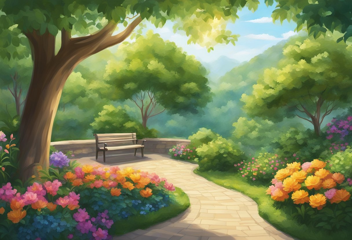 A lush garden with a cozy outdoor seating area, surrounded by trees and blooming flowers. A gentle breeze rustles the leaves, while birds chirp in the background