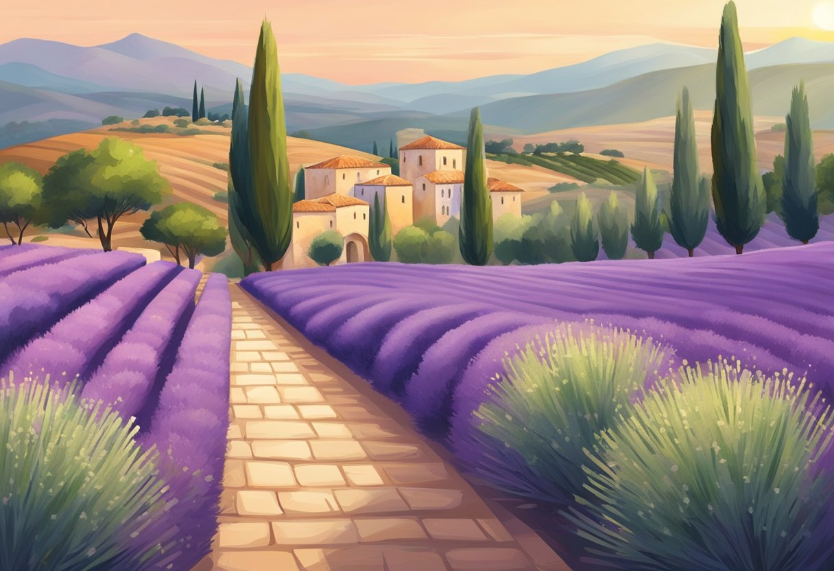 A serene Mediterranean landscape with lavender fields, olive trees, and citrus groves. Aromatherapy diffusers emitting fragrant essential oils in a spa setting