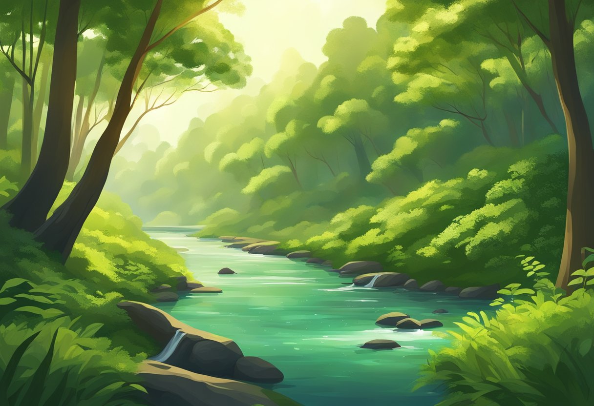 Lush green forest with a winding river, sunlight filtering through the trees, birds chirping, and a sense of tranquility and peace