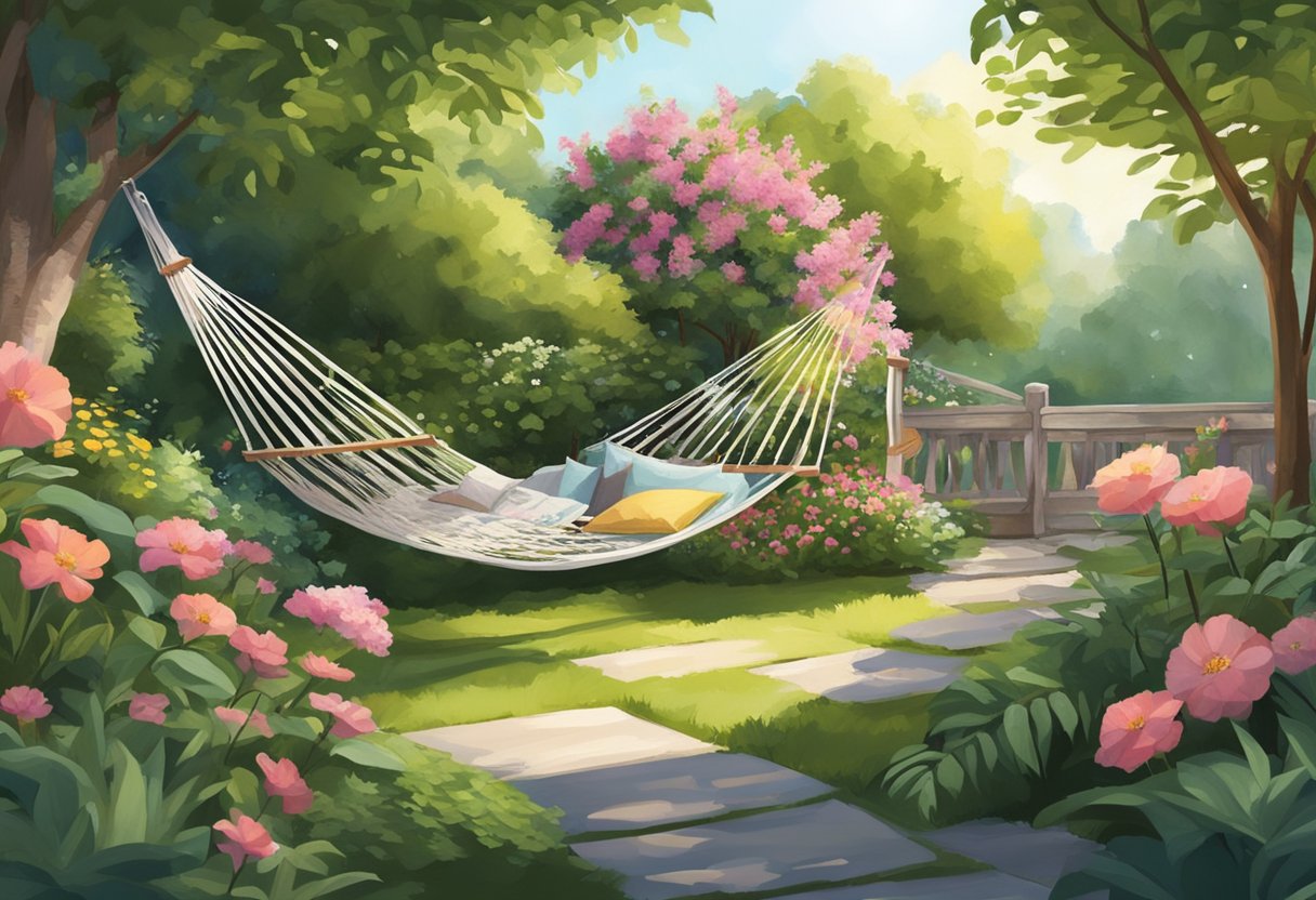 A serene garden with cozy seating areas, surrounded by lush greenery and blooming flowers. A hammock sways gently in the breeze, inviting relaxation and connection with nature