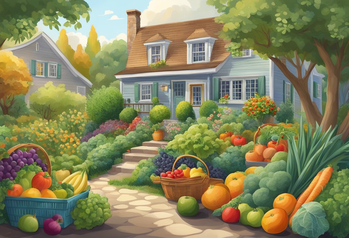 A lush garden bursting with vibrant fruits and vegetables, surrounded by a cozy home. A basket filled with freshly picked produce sits nearby, symbolizing self-sufficiency and health