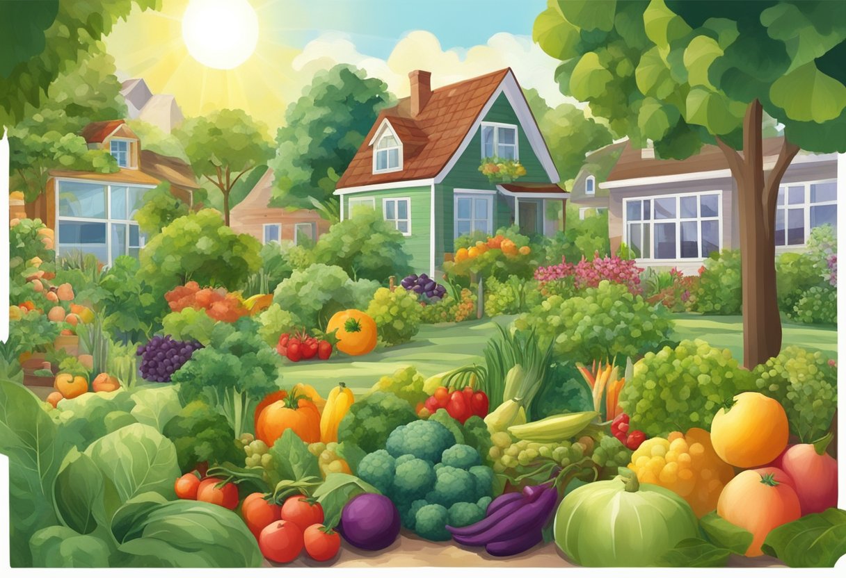 A lush garden with various fruits and vegetables thriving in the sunlight, surrounded by a diverse array of homes, symbolizing self-sufficiency and health