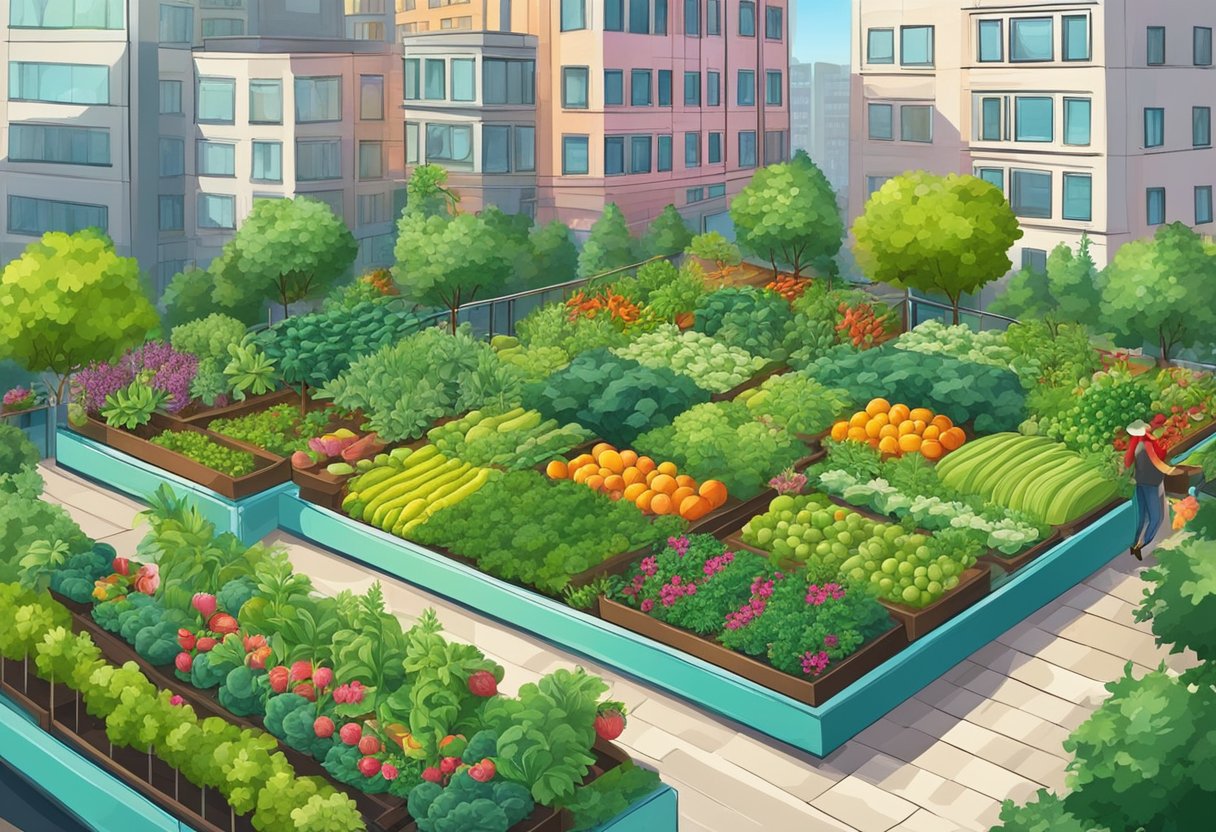 Lush urban garden with vibrant vegetables and fruits, surrounded by tall buildings. A sense of self-sufficiency and health radiates from the flourishing plants