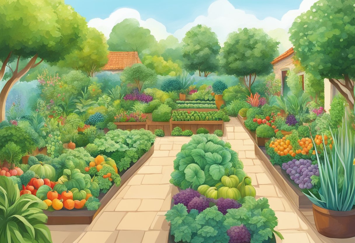 A lush garden with vibrant vegetables and fruits, surrounded by a diverse landscape, showcasing the interconnectedness of local and global perspectives on gardening