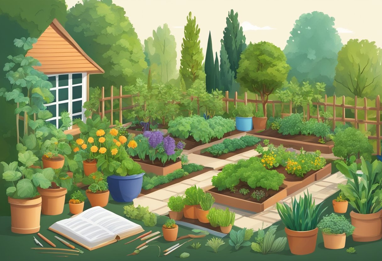 A flourishing garden with diverse plants and vegetables, surrounded by educational materials and books on gardening and self-sufficiency