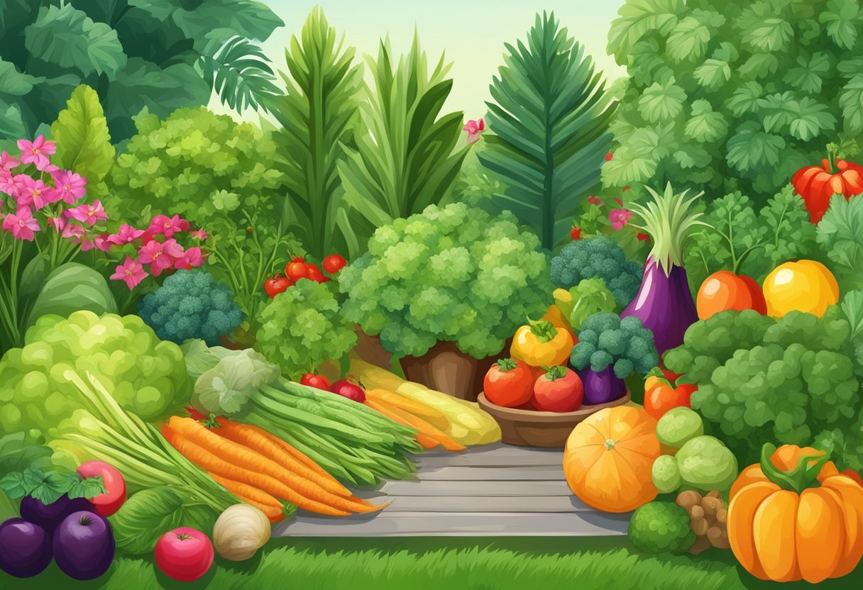 Lush garden with vibrant vegetables and fruits, surrounded by a variety of plants. Emphasize self-sufficiency and health through home-grown foods