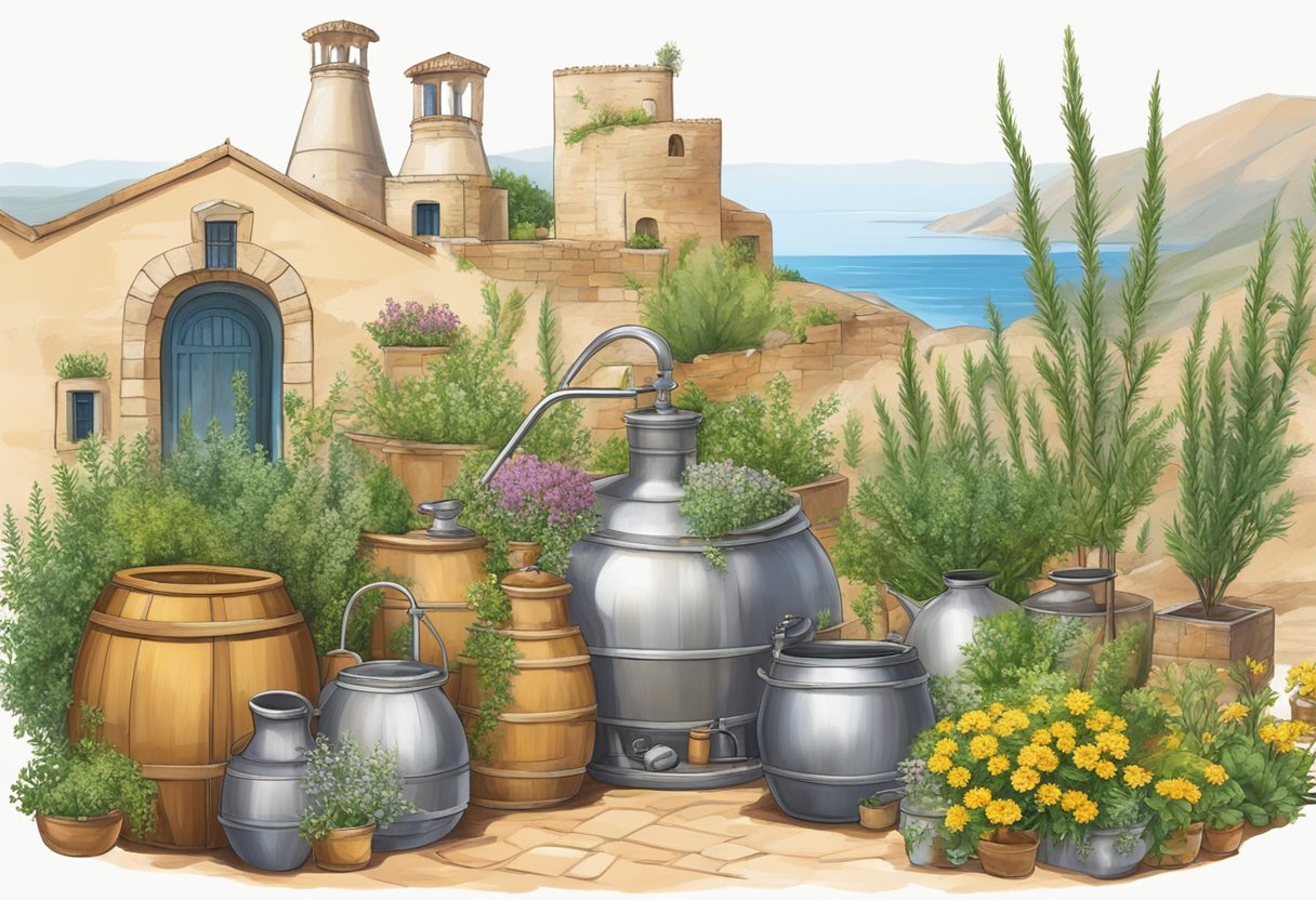 A Mediterranean landscape with herbs and flowers, a traditional distillation setup, and ancient wellness tools