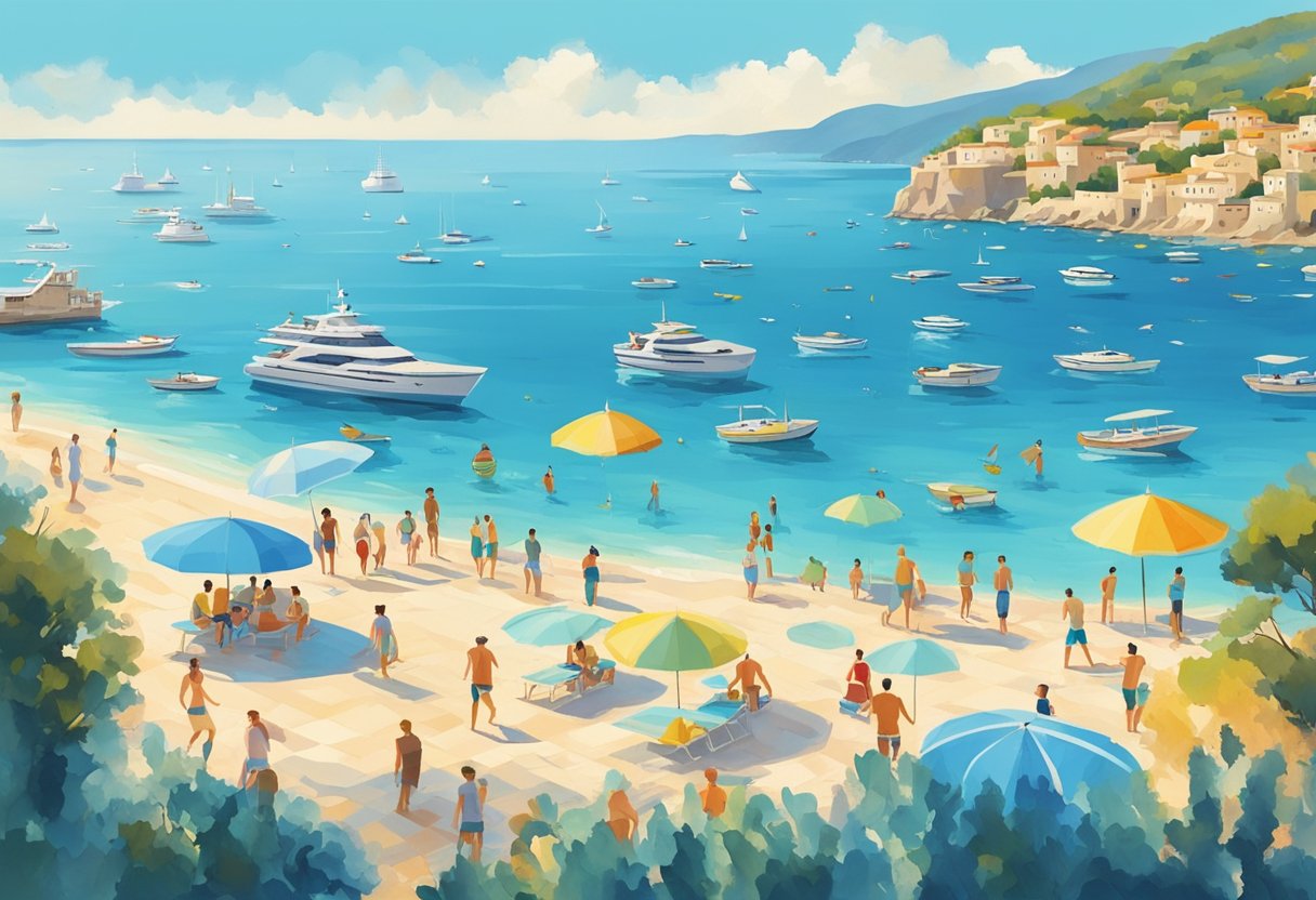 People swimming in the clear, blue waters of the Mediterranean. Sunlight dances on the surface as swimmers enjoy the refreshing exercise. Beach umbrellas and boats dot the horizon