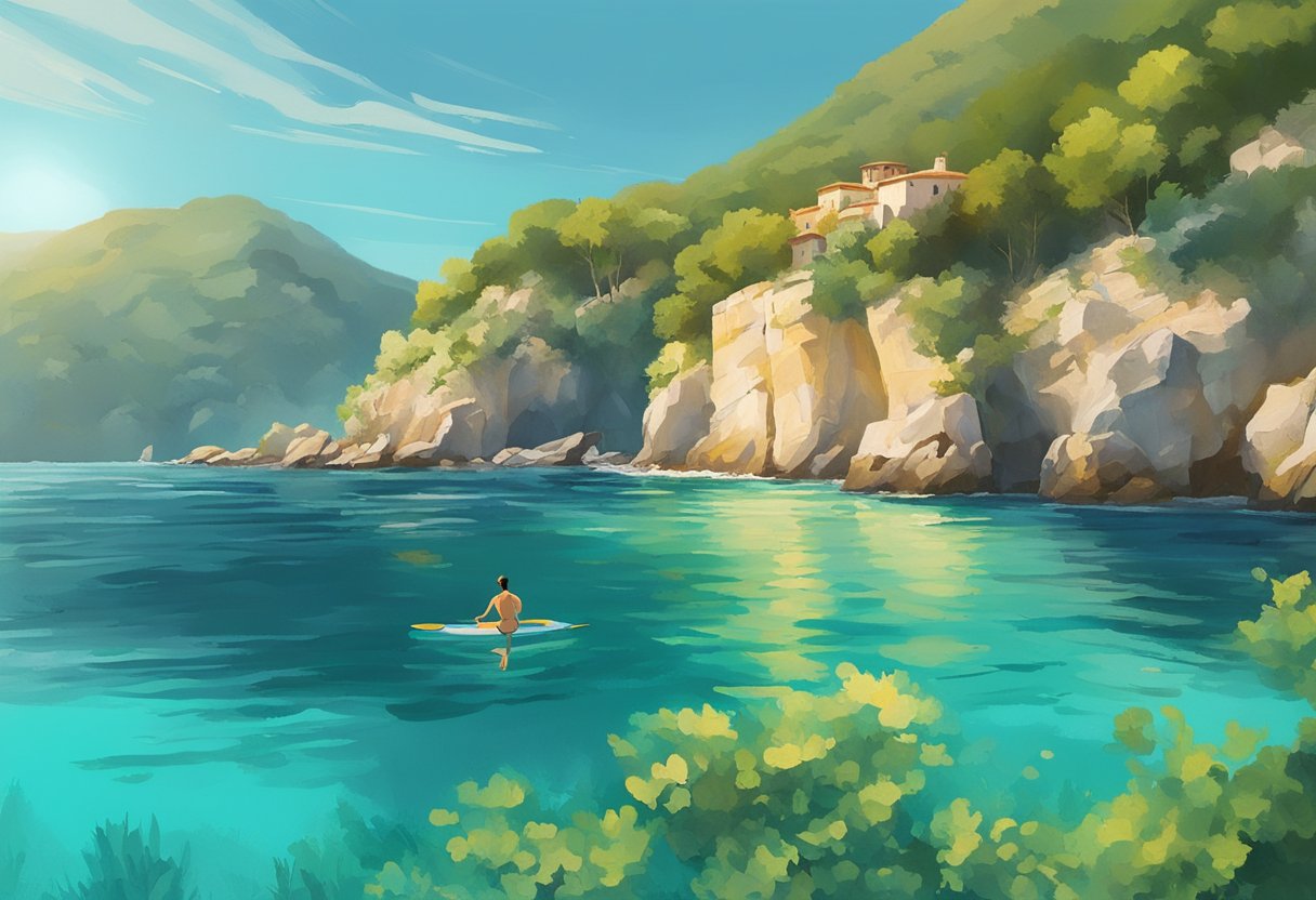 A person swims in the clear, turquoise waters of the Mediterranean, surrounded by rocky cliffs and lush green vegetation. The sun shines brightly overhead, casting a warm glow on the serene scene