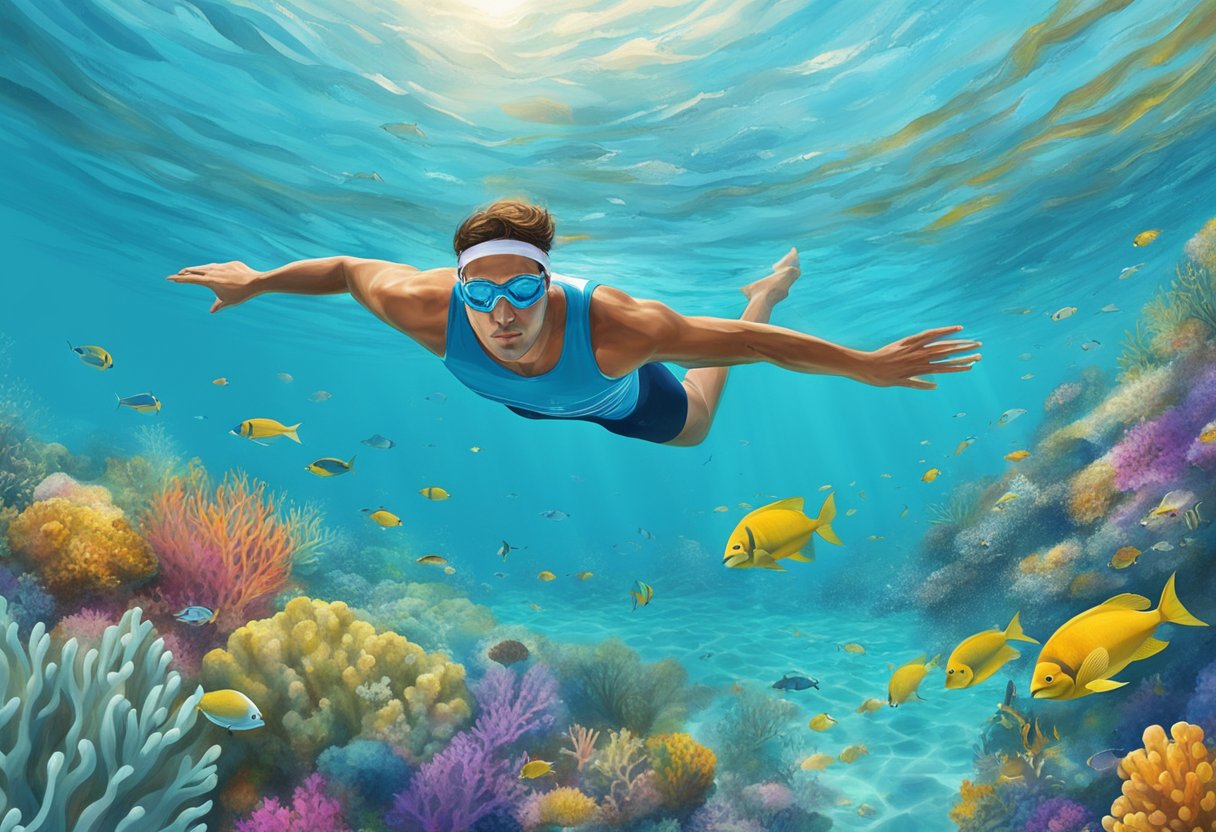 A swimmer glides through clear, turquoise waters, surrounded by vibrant marine life and the beautiful Mediterranean coastline