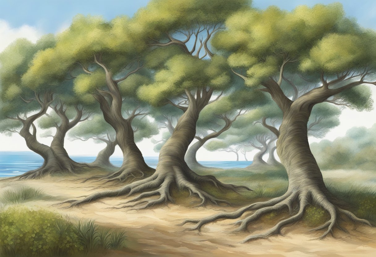 A group of trees swaying in the gentle breeze, their roots firmly planted in the earth, embodying the fluid and natural movement of the Mediterranean philosophy of physical activity