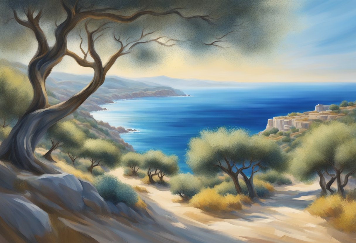 Sunlit olive trees sway in the gentle breeze, overlooking a shimmering blue sea. Waves crash against the rocky shore, creating a sense of movement and vitality in the serene Mediterranean landscape