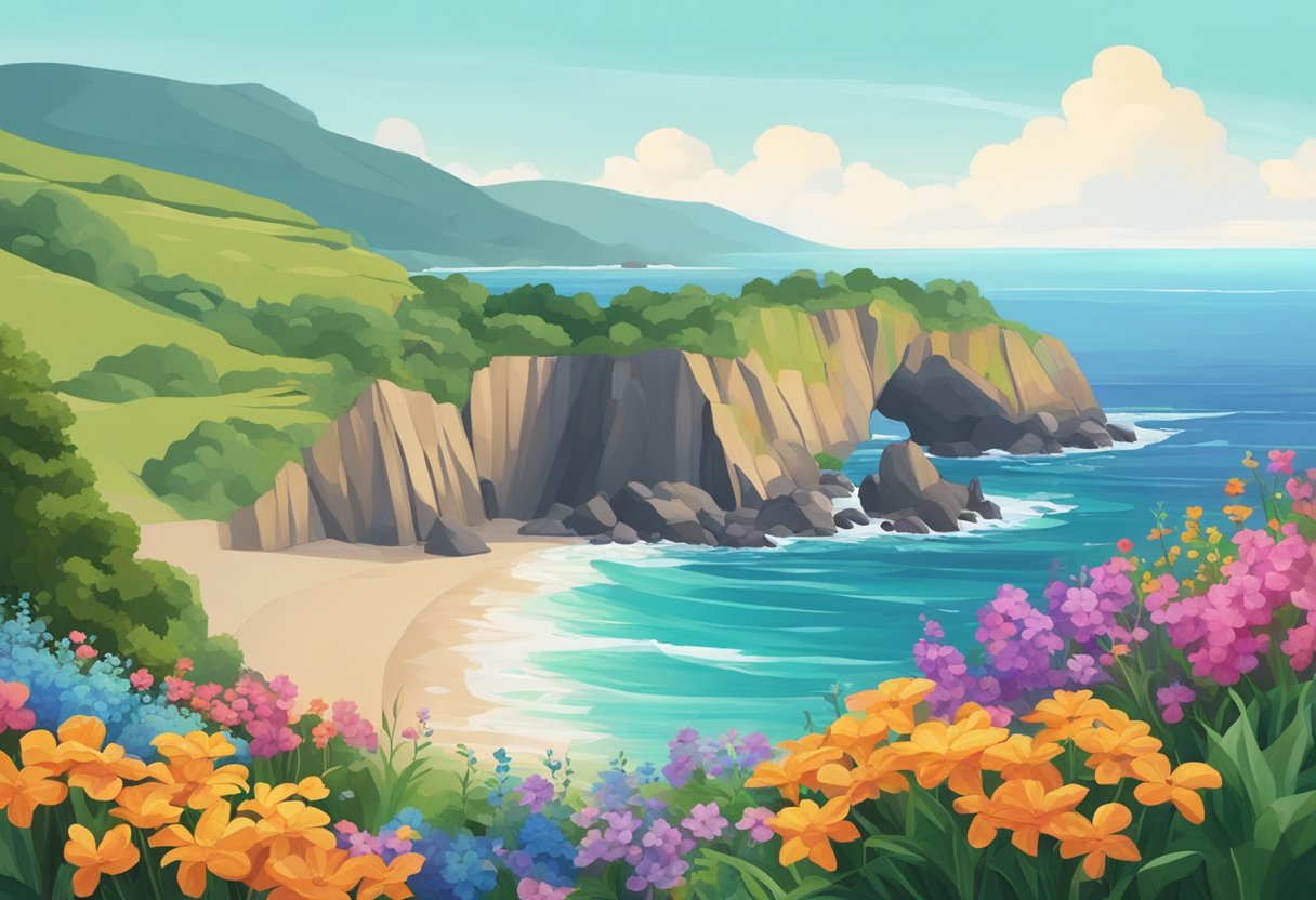 A vibrant coastline with waves crashing against rocky cliffs, while a gentle breeze rustles the lush greenery and colorful flowers in the foreground