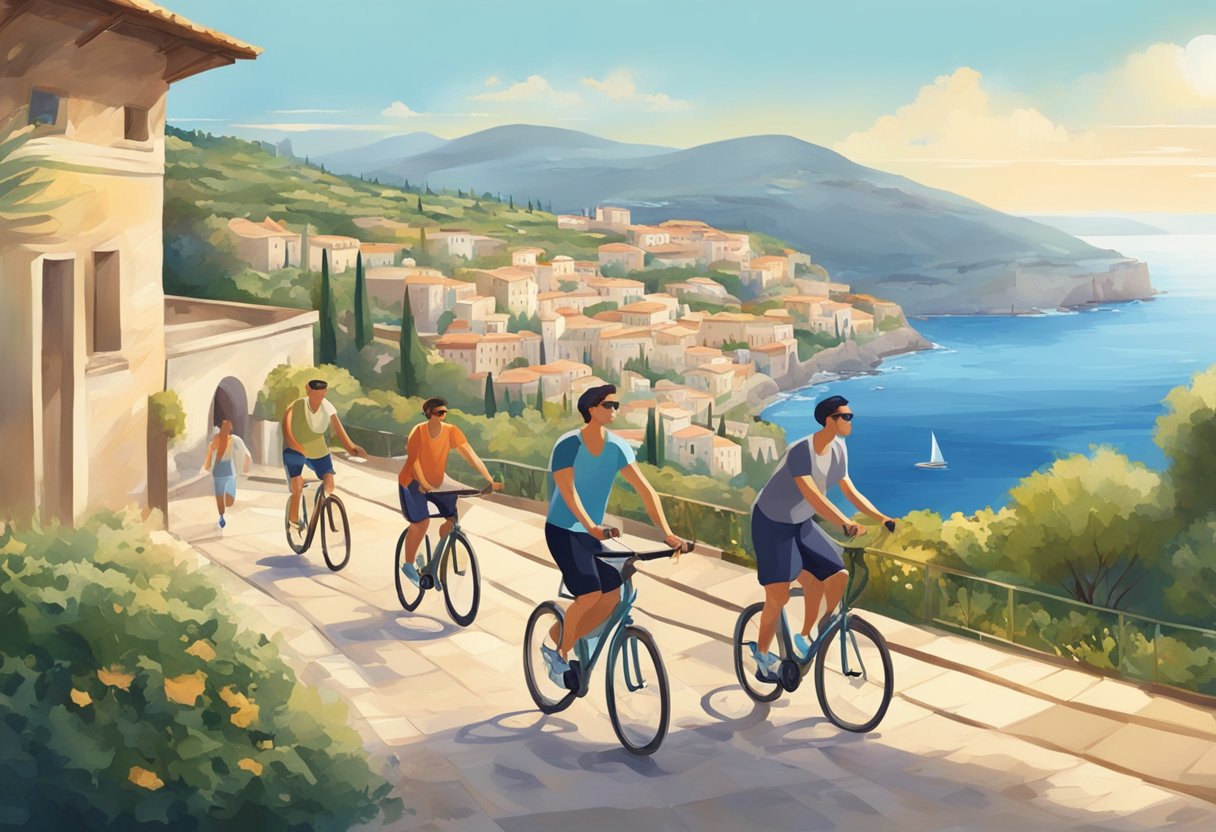 A group of people engage in various physical activities in a scenic Mediterranean setting, embracing the philosophy of movement for public health