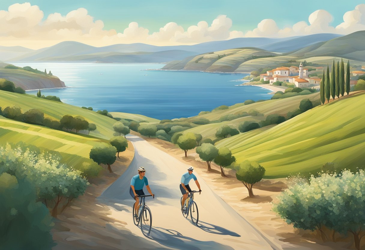 A serene coastal landscape with rolling hills, olive groves, and people engaging in various physical activities such as walking, cycling, and swimming. The scene exudes a sense of vitality and well-being