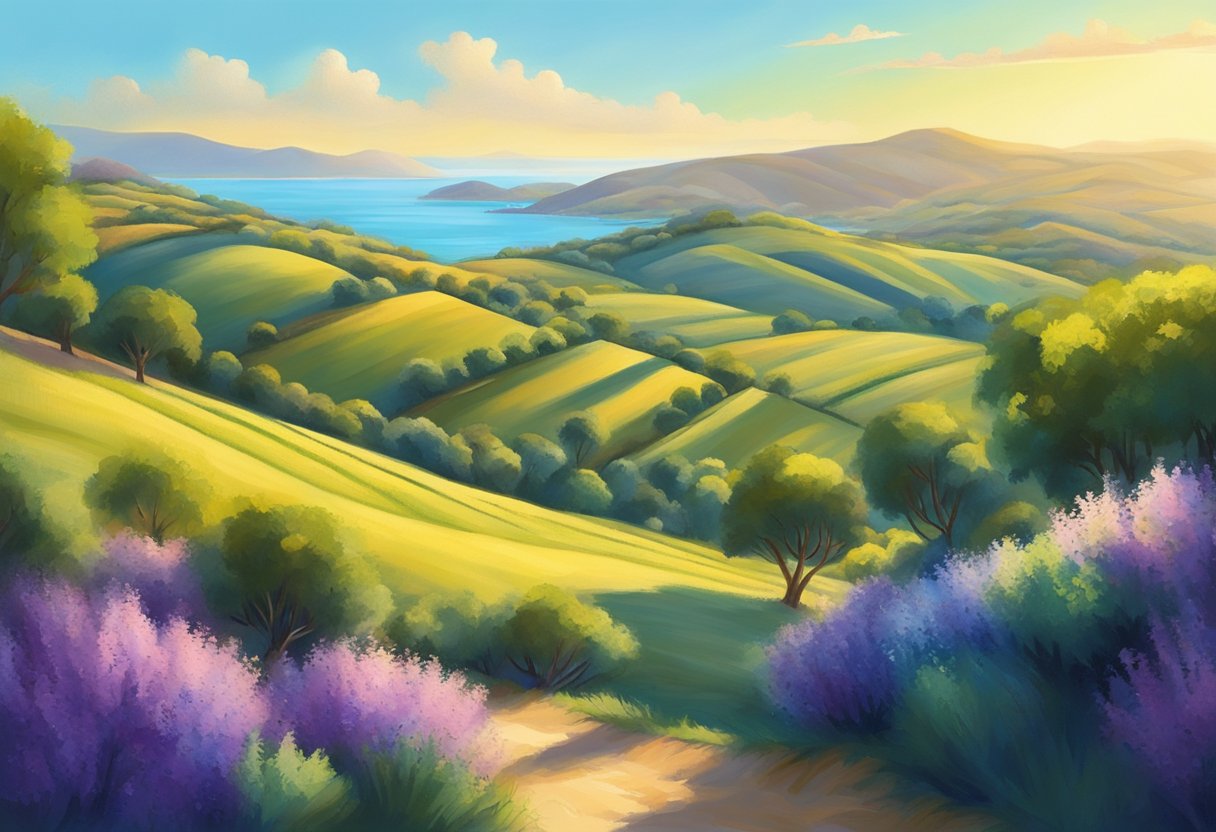 Vibrant landscape with rolling hills, azure sea, and lush olive groves. Sunlight illuminates the scene, casting long shadows. A sense of tranquility and vitality permeates the air