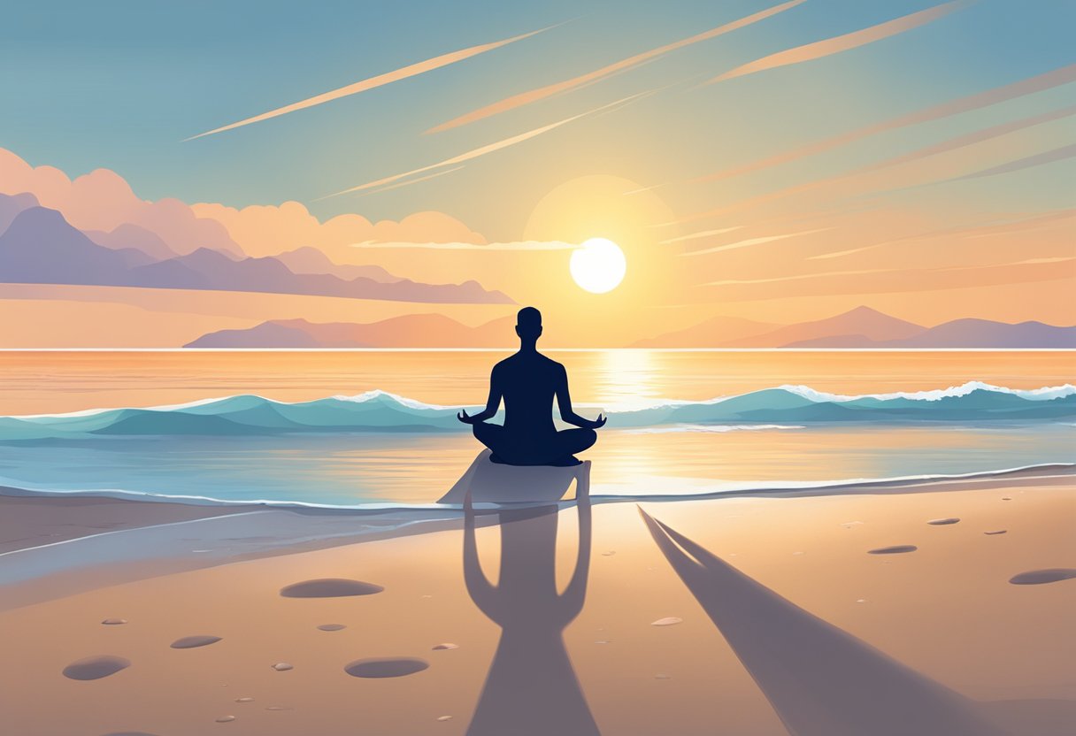 A serene beach at sunrise, with gentle waves lapping at the shore and a lone figure practicing yoga on the sand