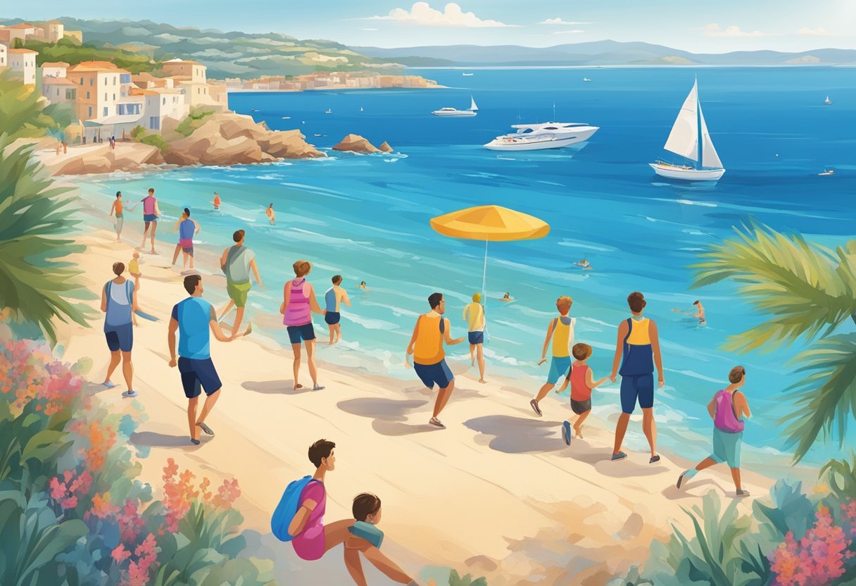 People engaging in various physical activities by the Mediterranean sea, such as swimming, walking, and playing sports, with a backdrop of picturesque coastal landscapes and vibrant blue waters