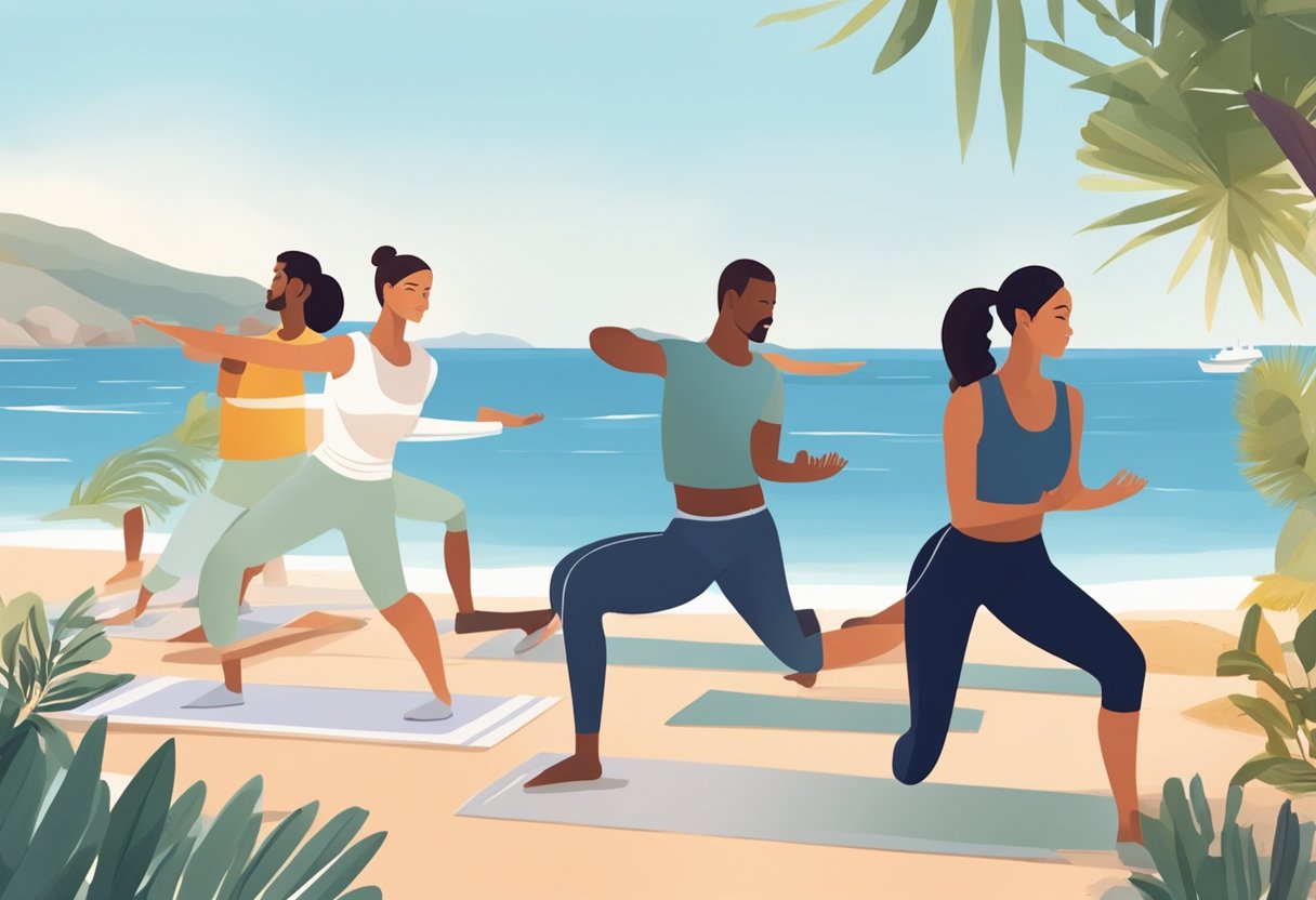 A group of people engage in traditional Mediterranean exercises outdoors by the sea. The scene includes stretching, yoga, and light cardio activities