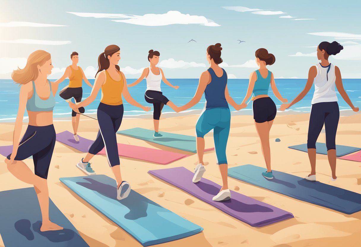 A group of people practicing traditional and modern Mediterranean exercises by the sea. Jump ropes, yoga mats, and weights are scattered around the sandy beach