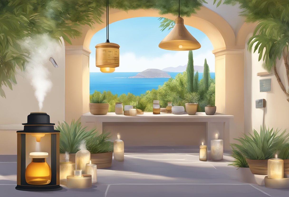 Aromatherapy diffuser releasing essential oils in a serene Mediterranean setting with safety signs and guidelines displayed