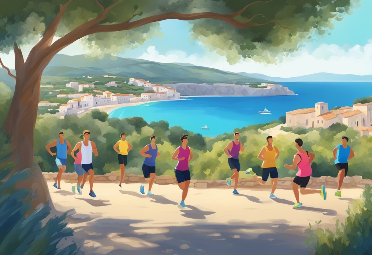 A group of people engage in traditional and modern exercises on the picturesque Mediterranean coast, surrounded by olive groves and azure waters