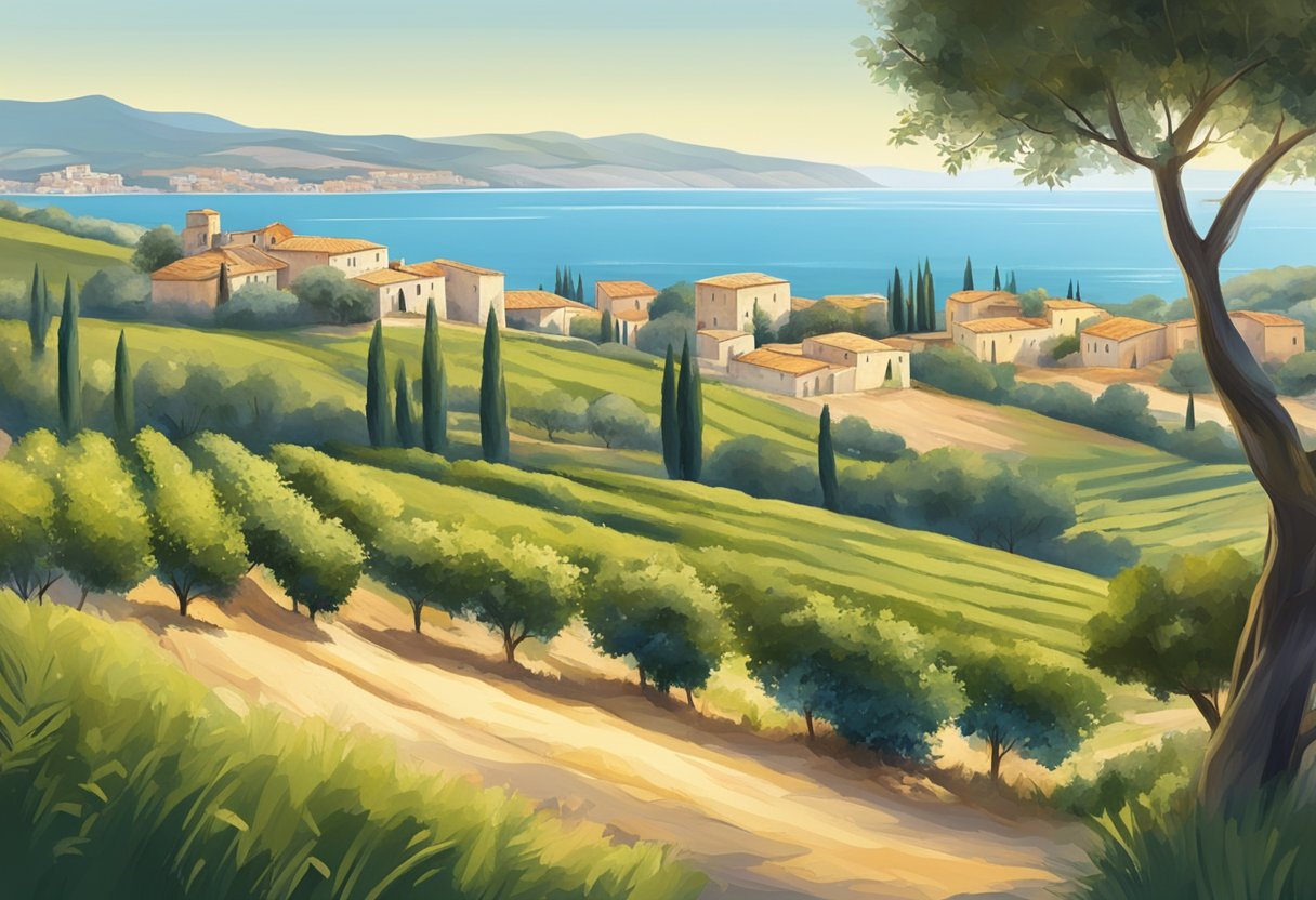 A serene Mediterranean landscape, with rolling hills, olive groves, and a calm sea. In the distance, people engage in traditional and modern physical activities