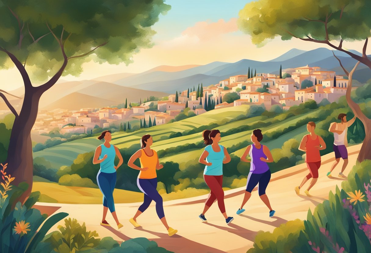 A vibrant Mediterranean landscape with rolling hills, olive groves, and people engaging in traditional and modern exercises like yoga, running, and dancing