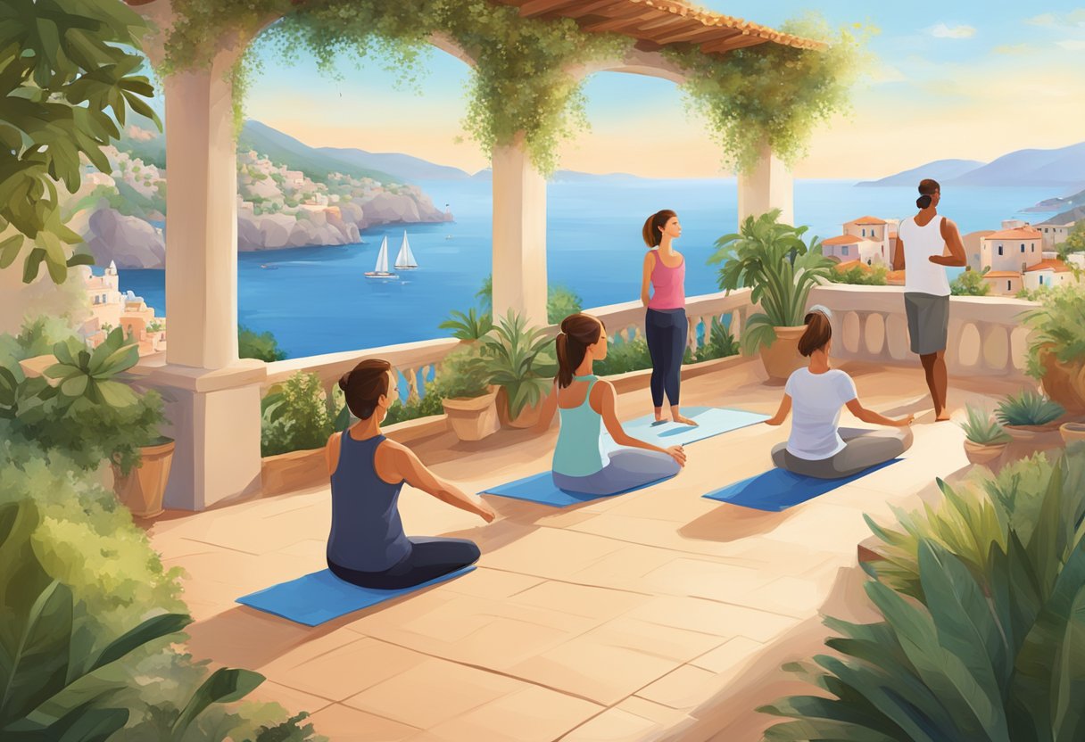 A serene Mediterranean landscape with people engaging in traditional and modern exercises, such as yoga, dancing, and outdoor sports