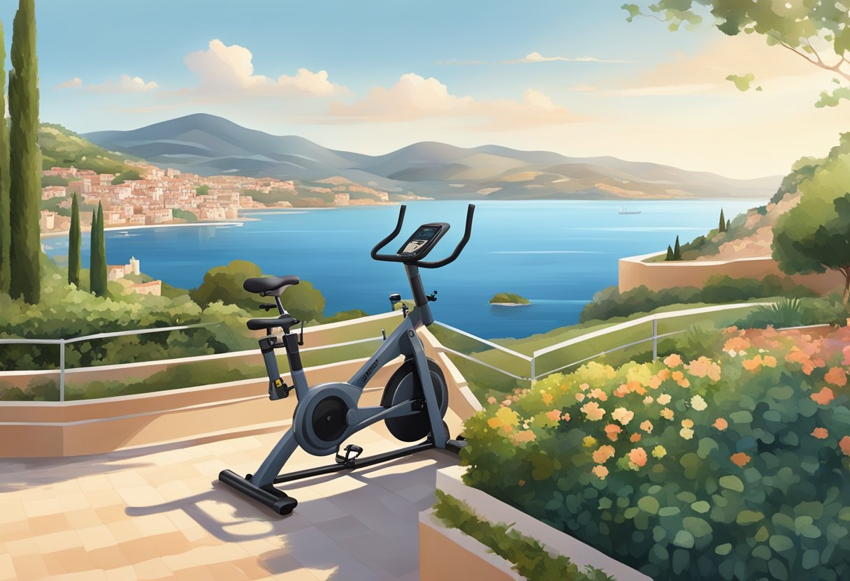 A serene Mediterranean landscape with rolling hills and a calm sea, featuring traditional and modern exercise equipment scattered throughout the scene