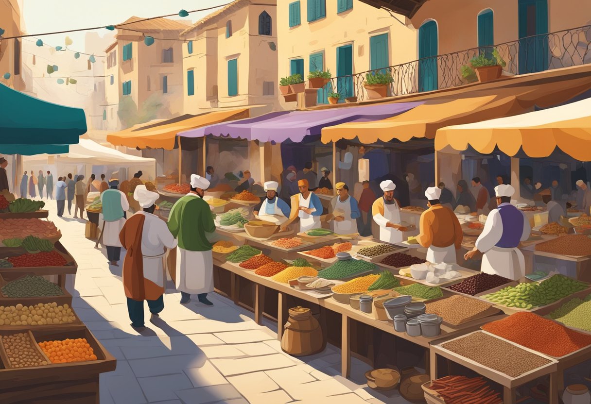 A bustling marketplace with colorful stalls showcasing diverse ingredients and spices from different Mediterranean regions. A chef prepares traditional dishes while locals gather to exchange recipes and culinary traditions