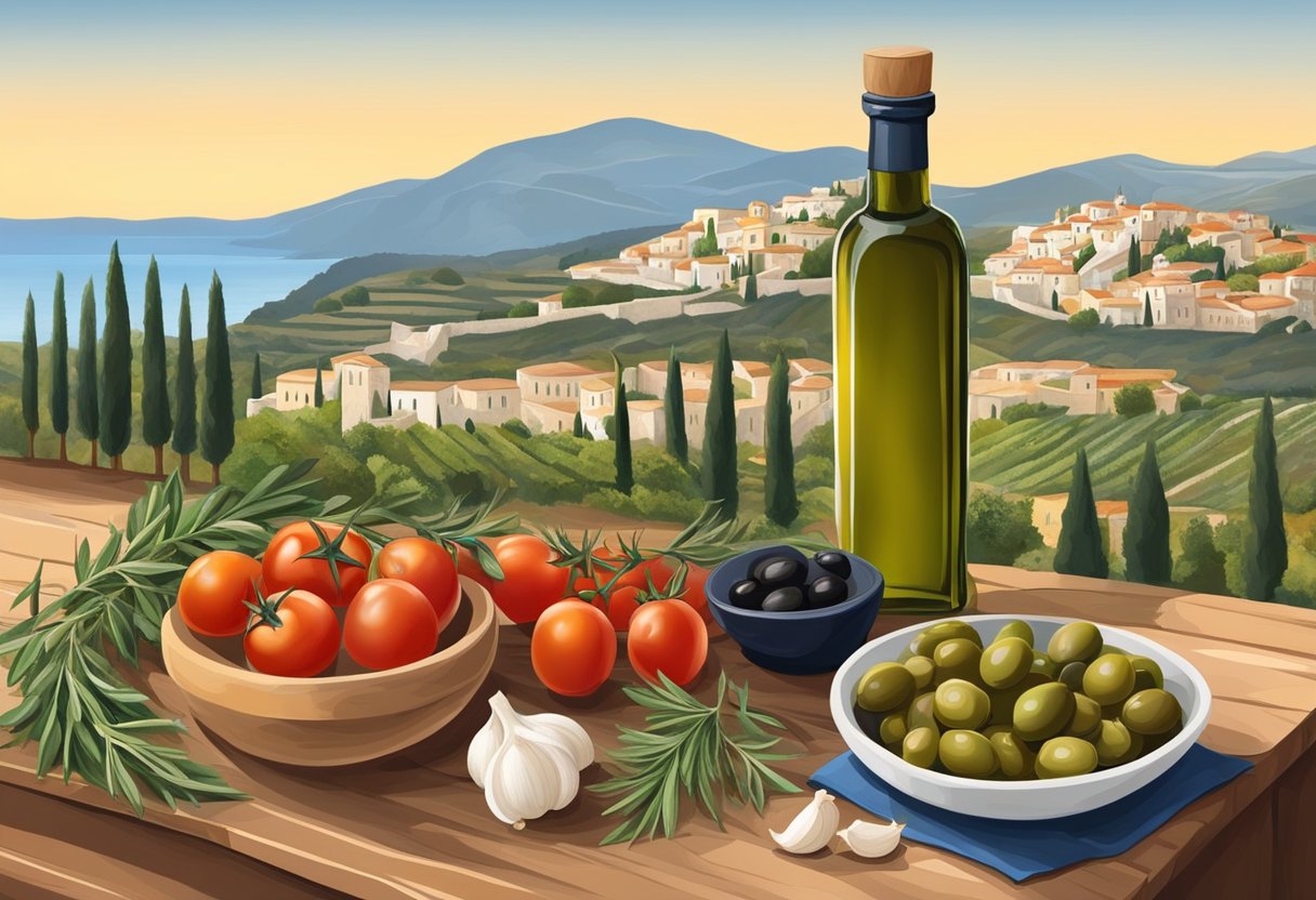 A table with olives, olive oil, tomatoes, garlic, and herbs. Background shows landscapes of Greece, Italy, and Spain