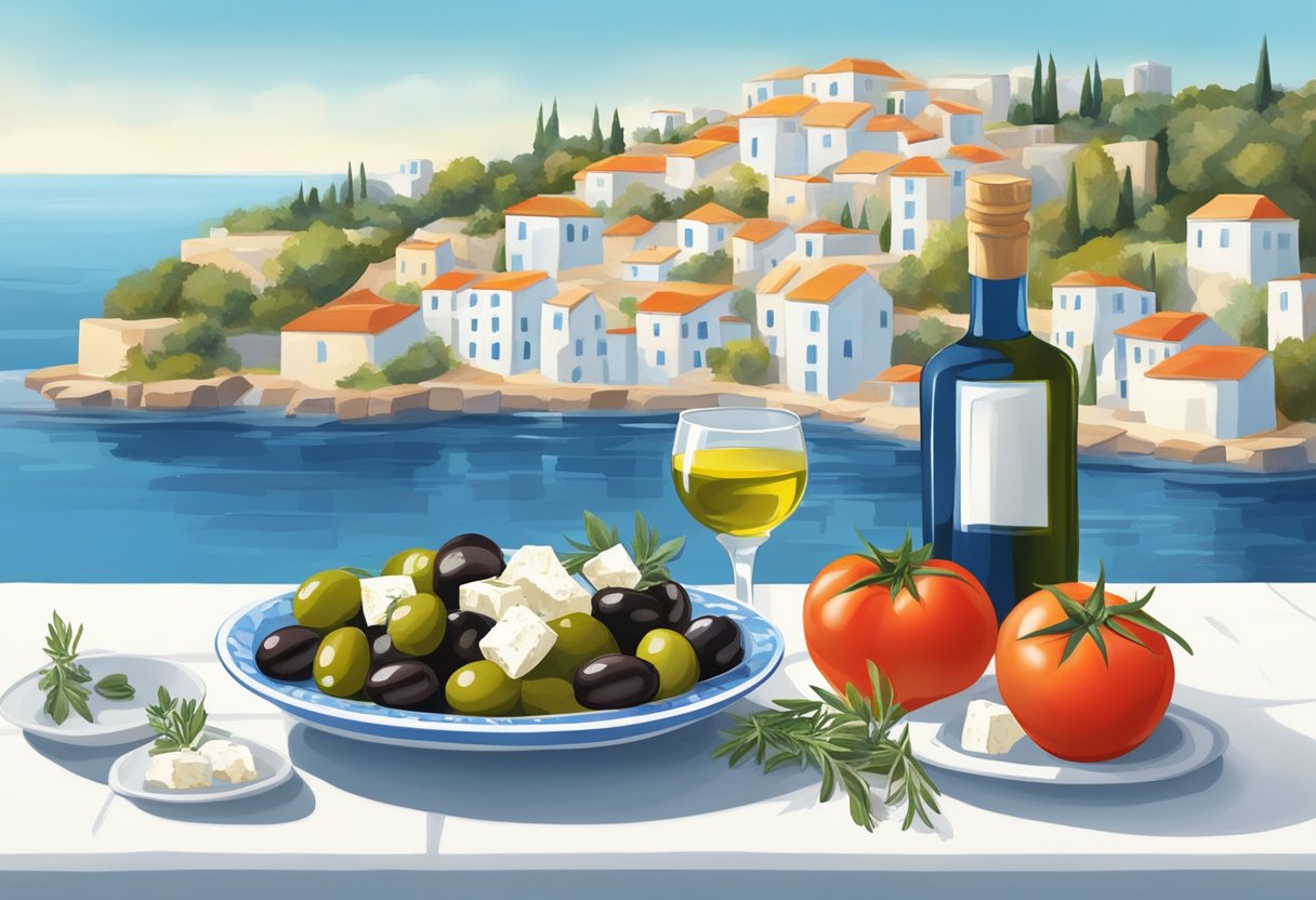 A table set with olives, tomatoes, feta cheese, olive oil, and fresh herbs. A backdrop of blue sea and white buildings