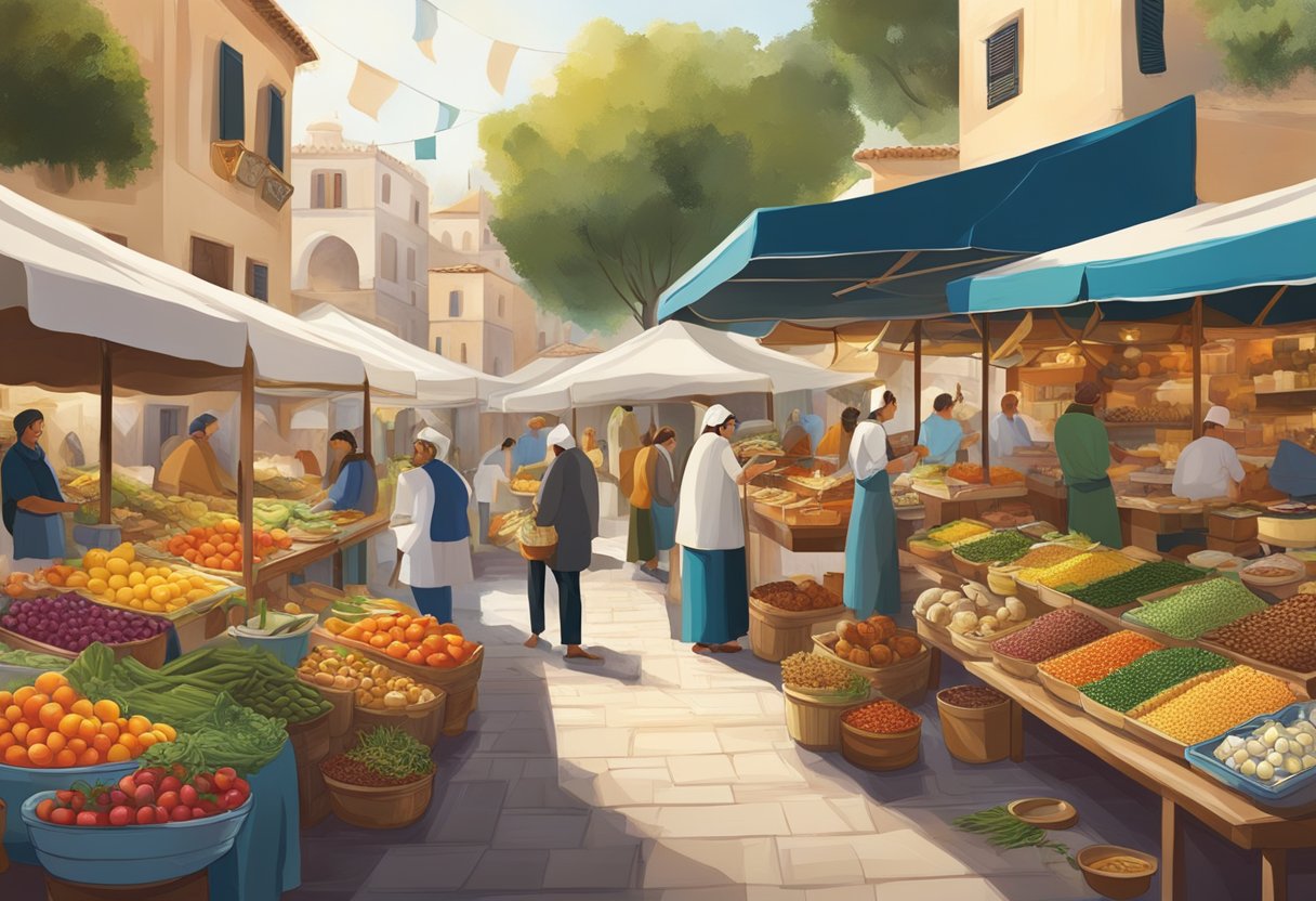 A bustling Mediterranean market, with colorful stalls showcasing diverse regional ingredients and dishes. A mix of traditional and modern culinary influences evident in the vibrant atmosphere