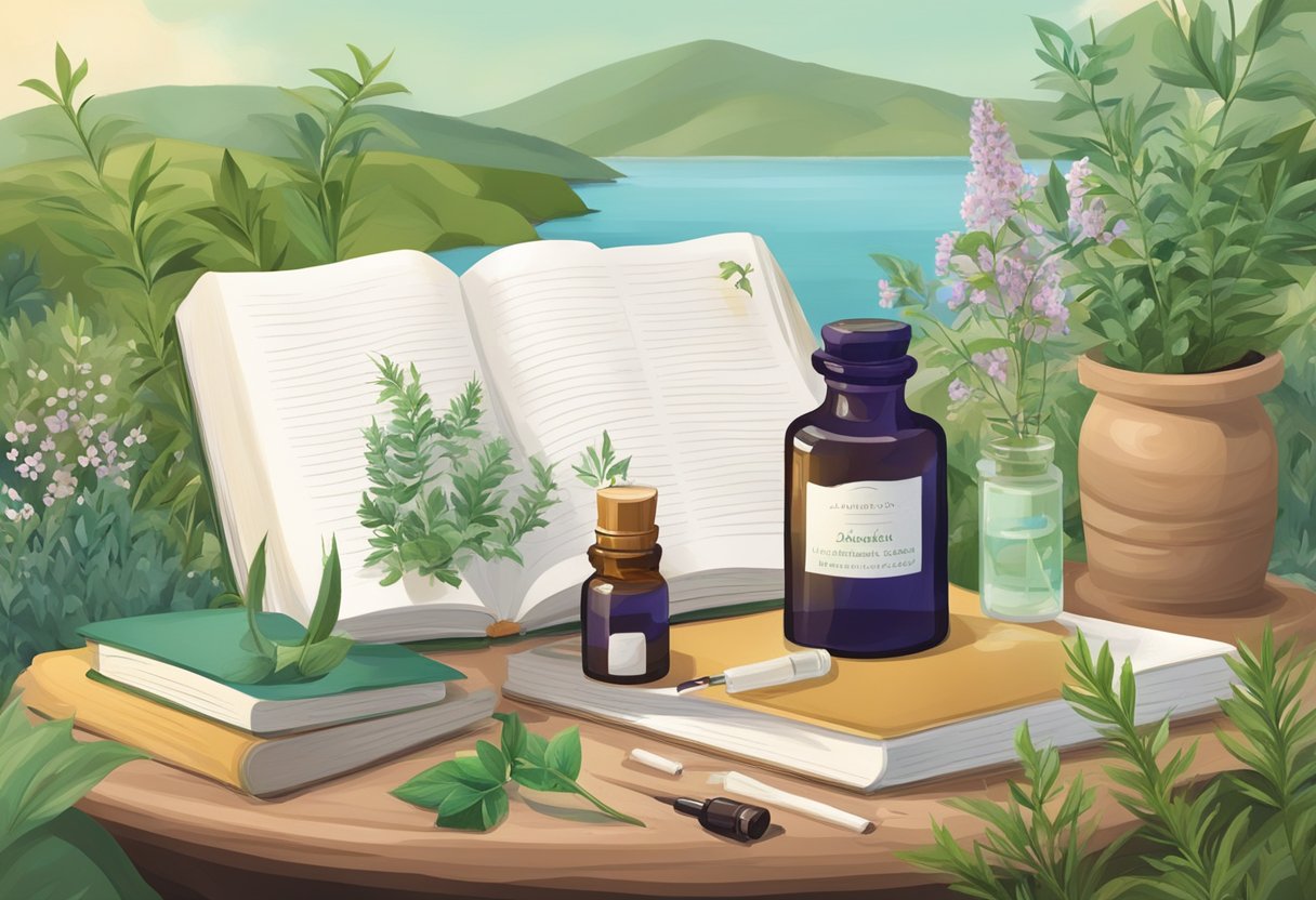 A serene Mediterranean landscape with aromatic plants, essential oil bottles, and a research journal on aromatherapy